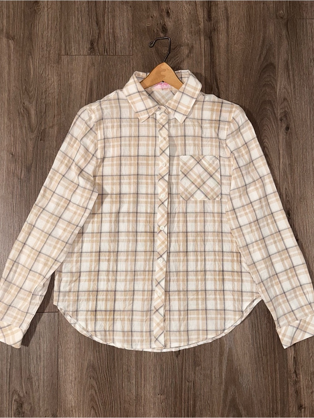 Pink Lily Cream Cotton Shirt Plaid Button Down 100% Cotton